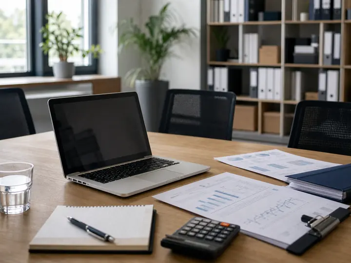 Arbeitsplatz mit Laptop und Finanzunterlagen für Working-Capital-Planung eines Dienstleisters