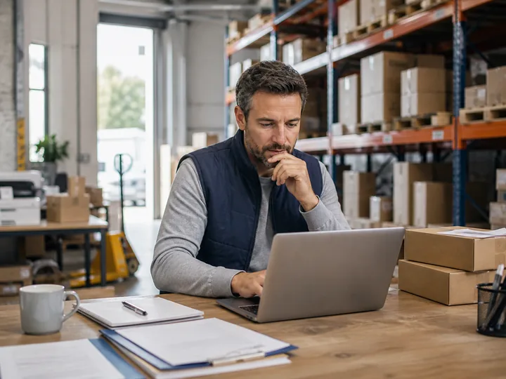 Unternehmer prüft im Lagerbestand seine Liquiditätsplanung am Laptop